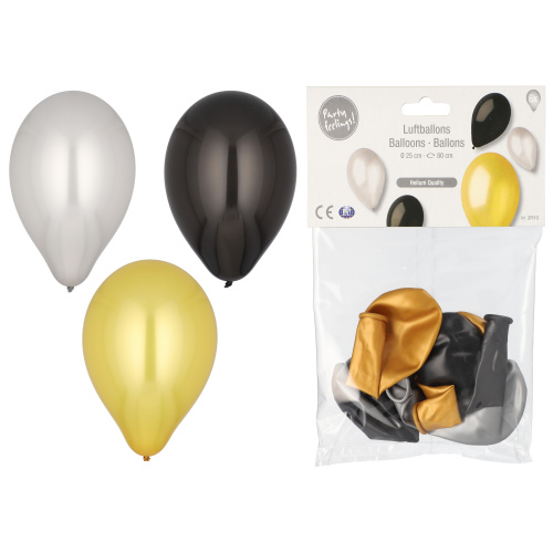 Õhupall 6tk d.25cm, must/kuld/hõbe