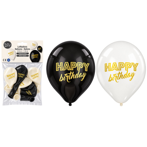 Õhupall Happy Birthday 6tk, d.25cm, must/valge